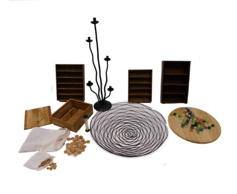 Modern households, comprising candle stand, serving tray, centre bowl, plate and Chinese checkers. (1 box)