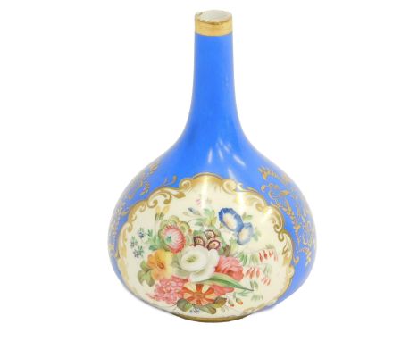 A 19thC Chamberlains Worcester porcelain bottle shaped vase, painted with flower spray, on a pale blue ground picked out in g