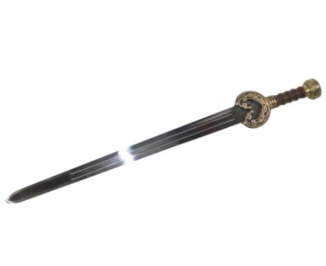 An ancient warrior replica sword, with turned brown moulded handle, and mirrored scabbard, 98cm long, boxed.