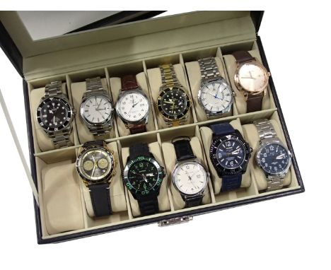 Eleven gentleman's fashion watches, to include Bell and Ross, Pinhaw, replica Rolex, replica Breitling, and others, in black 