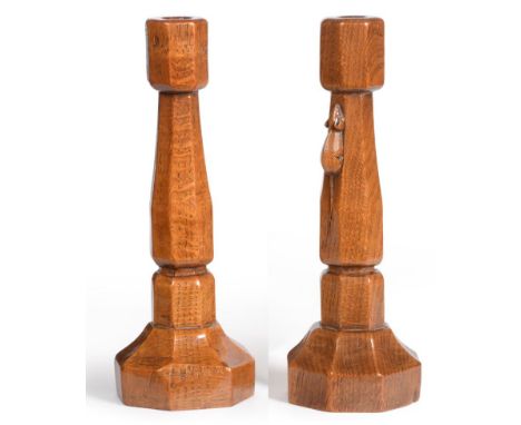 A Pair of Robert ''Mouseman'' Thompson Oak Candlesticks, by Richard (Dick) Pollard, of octagonal form, one with carved mouse 