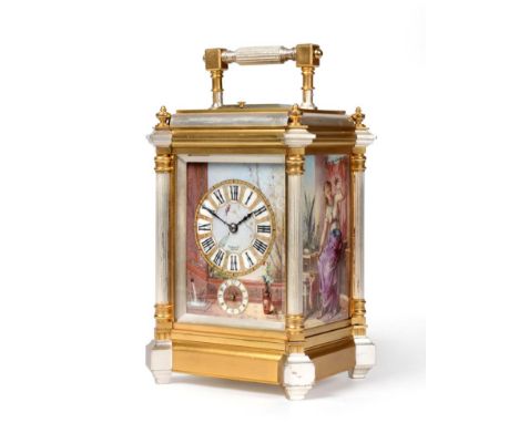 A Good Grande Sonnerie Alarm Carriage Clock, retailed by Tiffany & Co, New York, circa 1890, brass and silvered case with car