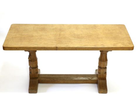 A Robert ''Mouseman'' Thompson 3ft Oak Coffee Table, the rectangular top on two octagonal legs joined by a stretcher, with ca