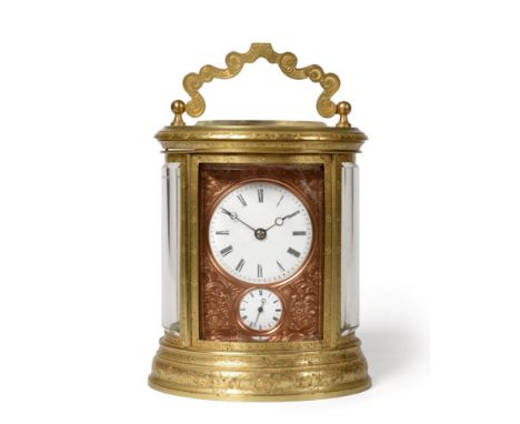 An Oval Brass Engraved Striking Alarm Carriage Clock with the Trademark JS mark for J.Soldano on the Escapement Platform, cir