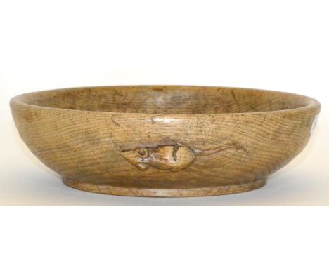 A Robert ''Mouseman'' Thompson Oak Fruit Bowl, circular and with carved mouse signature, 24.5cm diameter  