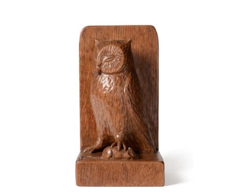 A Robert ''Mouseman'' Thompson Oak Table Brush Holder, carved as an owl holding a mouse in it's talon, 20.5cm See illustratio