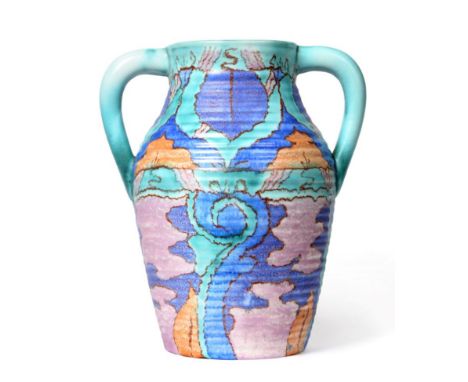 A Clarice Cliff Bizarre Persian ''Inspiration'' Pattern Twin-Handled Lotus Jug, painted in shades of blue, turquoise and ochr