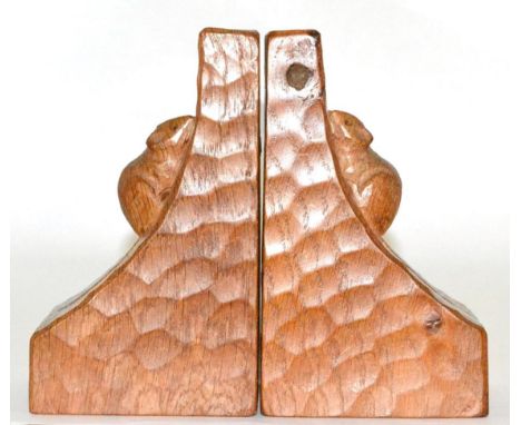 A Pair of Robert ''Mouseman'' Thompson Single Mouse Oak Bookends, each with carved mouse signature, 16cm