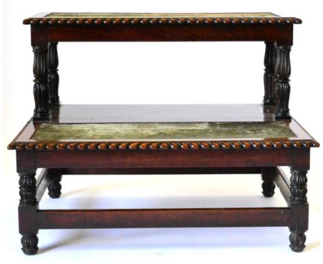 A George IV Rosewood Two-Tier Bed Step, 2nd quarter 19th century, of rectangular form, each tread of worn green velvet within