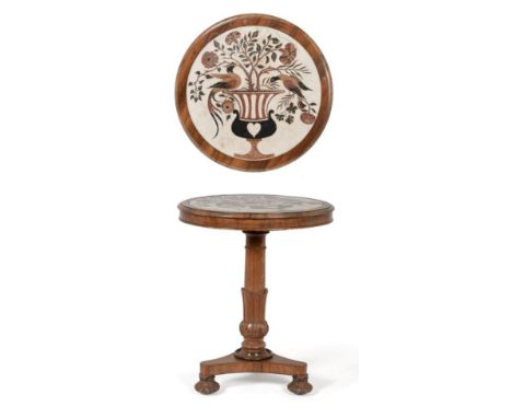 A William IV Rosewood and Pietra Dura Tripod Table, 2nd quarter 19th century, with circular marble top inlaid with an urn wit