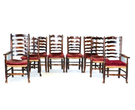 A Harlequin Set of Eight Ash, Elm and Rush-Seated Ladder Back Chairs, 2nd half 19th century, raised on turned legs with pad f