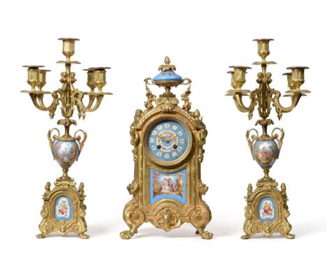 An Ormolu and Porcelain Mounted Striking Mantel Clock with Garniture, circa 1880, urn finial with swag mounts, front and side