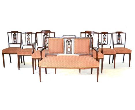 An Edwardian Seven Piece Mahogany, Satinwood Banded and Boxwood Strung Show-Frame Salon Suite, early 20th century, recovered 