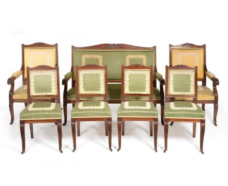 A Victorian Mahogany Framed Seven Piece Drawing Room Suite, late 19th century, in Regency style, comprising two-seater sofa u