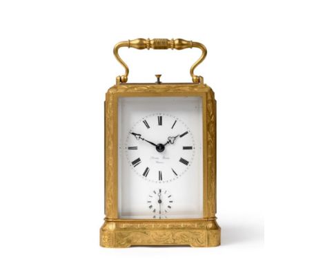 A Brass Engraved Striking and Repeating Alarm Carriage Clock, signed Miroy Freres, Paris, circa 1860, scroll and floral engra