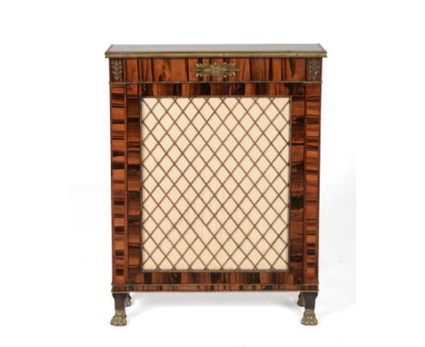 A Regency Rosewood and Brass Mounted Grille Door Side Cabinet, early 19th century, of small proportions, the frieze decorated