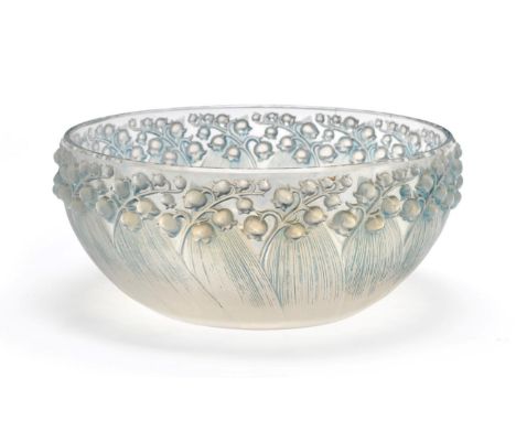 René Lalique (1860-1945): ''Muguet'' A Frosted and Blue Stained Glass Bowl, No.417, moulded with lily of the valley, stencill