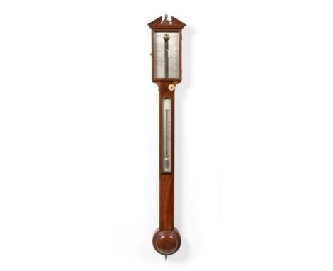 A Mahogany Stick Barometer, signed Spear Collage Grn, Dublin, 19th century, broken arched pediment, concealed mercury tube wi