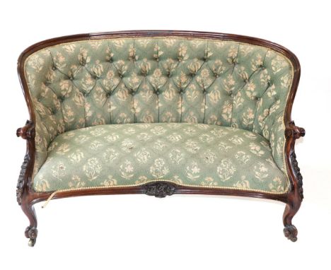 A Victorian Rosewood Framed Tub Shaped Two-Seater Sofa, mid 19th century, recovered in green floral button back fabric with o