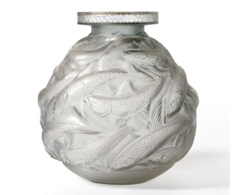 René Lalique (1860-1945): ''Salmonides'' A Frosted Glass Vase, with blue staining, moulded with leaping salmon, engraved R La
