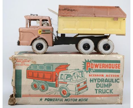 A Magic Marxie toy Scissor Dump Truck, with original box, 52cm long, together with a smaller English made tinplate dumper tru