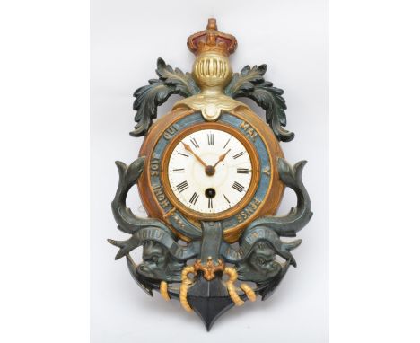 An Order of the Garter cast iron Naval wall time piece, white enamel dial to a later painted body, the movement signed, 32cm 