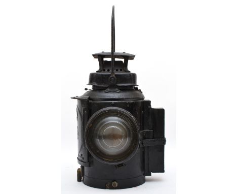Adlake non-sweating railway lamp, complete with burner, brass pluaqe stamped with L.M.S. Railways and makers badge, a cooper 
