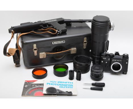 A Zenith Photosniper kit, consisting of a Zenit 12S 35mm film camera, a Tair-3S 300mm f4.5 lens, a Hellios 58mm f2 lens, pist