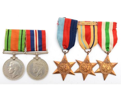 WWII group of five, three mounted 1939-45 Star, Africa Star, 1st Army bar, Italy Star, two mounted, Defense and War 