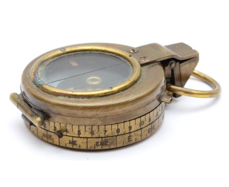 A Pitkin WWI military compass, brass case with a blackened finish, stamped on verso with broad arrow and makers mark (serial 