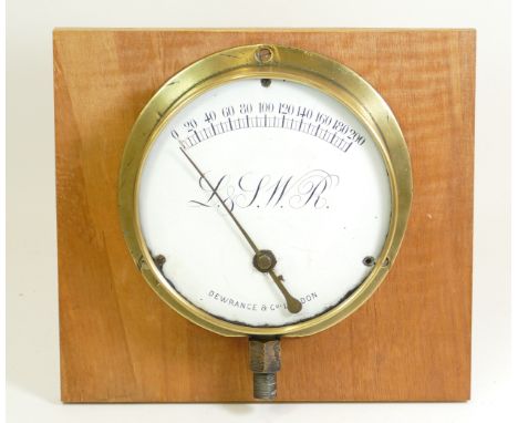 A brass cased London &amp; South West Railway locomotive steam pressure gauge, enamel face marked 'L.W.S.R.' and 'Eastleigh T
