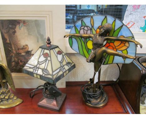 An Art Deco style table lamp with stained glass and dancing lady and a small Tiffany style lamp