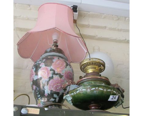 A pink and green table lamp, brass oil lamp and a Victorian oil lamp ( pottery body damaged)