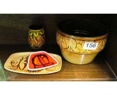 A 1970's Poole aegean plant pot, small vase and two small dishes