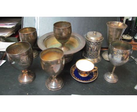 A bowl, tea caddy, cup and saucer, 900 goblet and five goblets