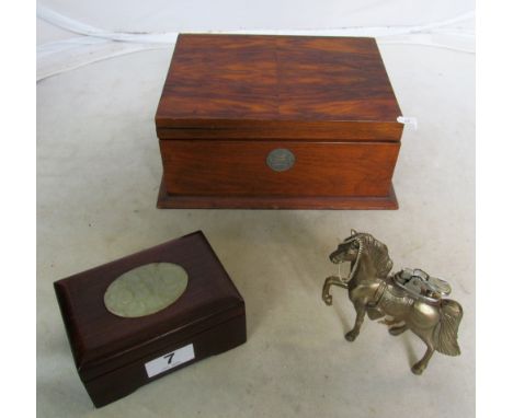 A walnut box and an Oriental box with jade panel to lid and a horse lighter