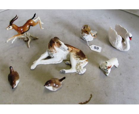 A Goebel Thomas gazelle, Goebel mouse, swan and bulldog, USSR Borzoi and two birds