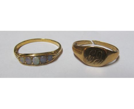 A 9ct gold signet ring 2.3gm (cut) and an opal ring