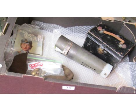 A World War Two metal site storage box with D. Wishard, City Guards written in lid, a US Army light tube, military cap and ba