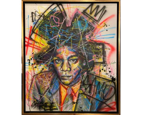 ONEMIZER (Né en 1987) Portrait de Jean-Michel Basquiat Acrylique, collage et bombe aérosol sur palette de bois, découpée mont