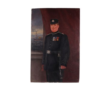 John T Randolph - a full length portrait of a Naval Officer standing in front of an open window with a Dreadnaught ship in th