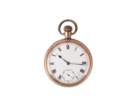 A gold plated cased open faced pocket watch, the white enamel dial with Roman numerals and subsidiary seconds dial.
