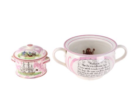 A Sunderland Lustre ware chamber pot with frog and rhyme decoration, 30cms diameter; together with a similar decorated char p