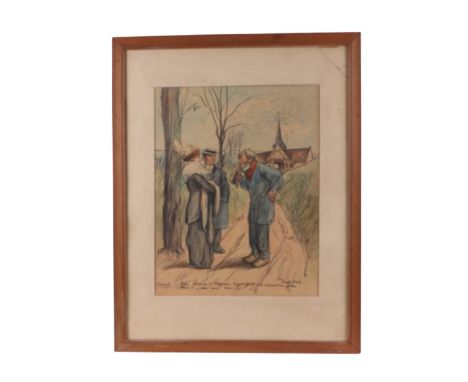 Ricardo Flores (French 1878-1917) - A whimsical cartoon depicting a man of the road addressing a lady and gentleman on a chur
