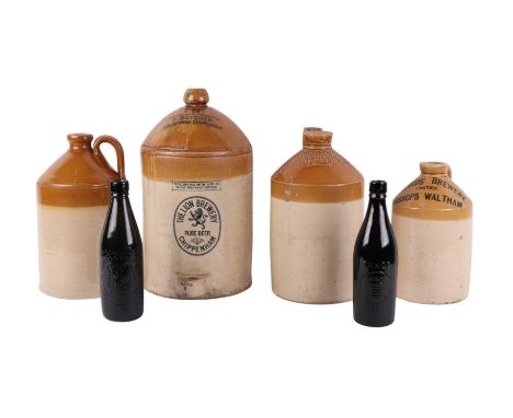 A group of stoneware flagons to include Tapper, Farley & Ladds, Exeter, Edwards Brewery, Bishop's Waltham, and F Butcher, Lio