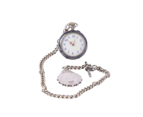 A silver and enamel cased open faced fob watch, the cream dial with Roman numerals, on a silver coloured metal Albert chain w