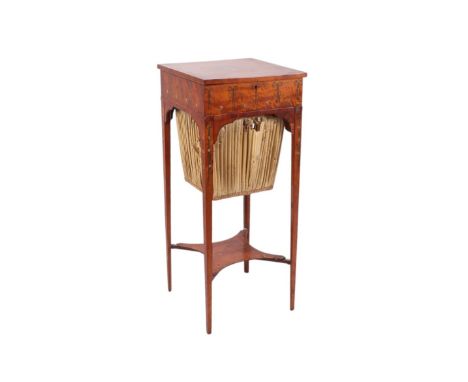 A 19th century Sheraton revival satinwood and painted work table, the square lift-up lid decorated with a central oval portra