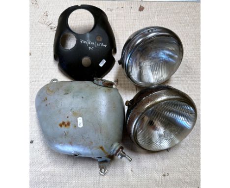 A Triumph 3TA / 5TA / 6T compatible instrument panel, an oil tank and two headlamps, one chrome and one painted (4).