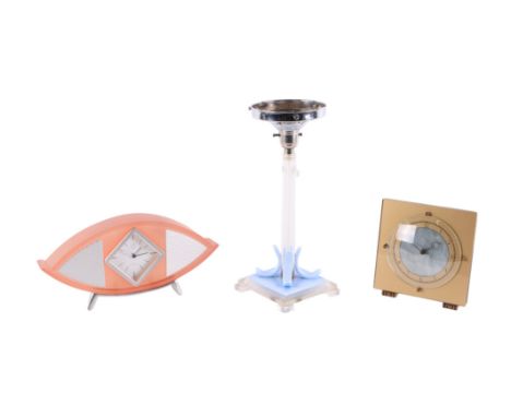A table lamp with Perspex column, approx 43cms high; together with a Bliss mid century inspired mantel clock, 27cms wide and 