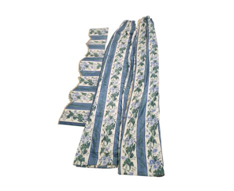 A pair of lightly glazed lined curtains, approx 110cms fixed top, 290cms drop, with matching pelmet.